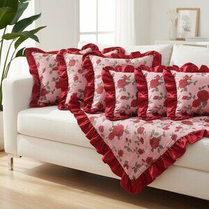 SOGA 6PC Rose Ruffle Pillow Cover Set – 30x50cm Red & 45cm Decorative Covers